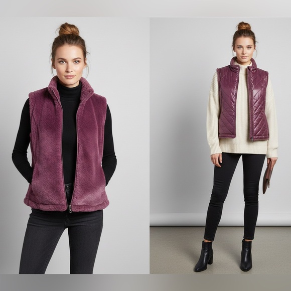 Nicole Miller Reversible Faux Fur Puffer Vest Wine XL Purple Burgundy, Mob Wife - Picture 2 of 9